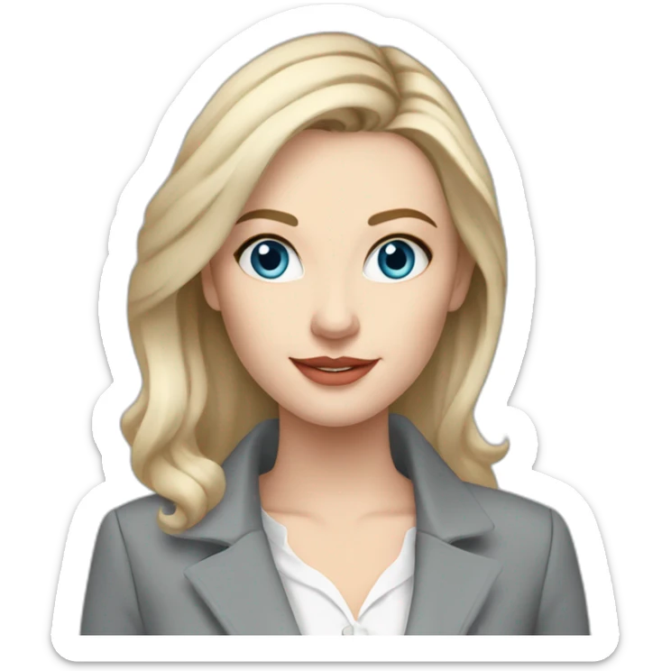 pale skin woman interior designer with cold blonde middle length hair, blue eyes, White blouse, Gray oversize jacket, Gray skirt holding a color palette in the hands sticker