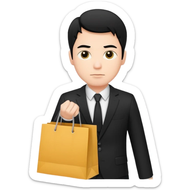 elegant serious man black hair in a black suit with clothing shopping bag sticker