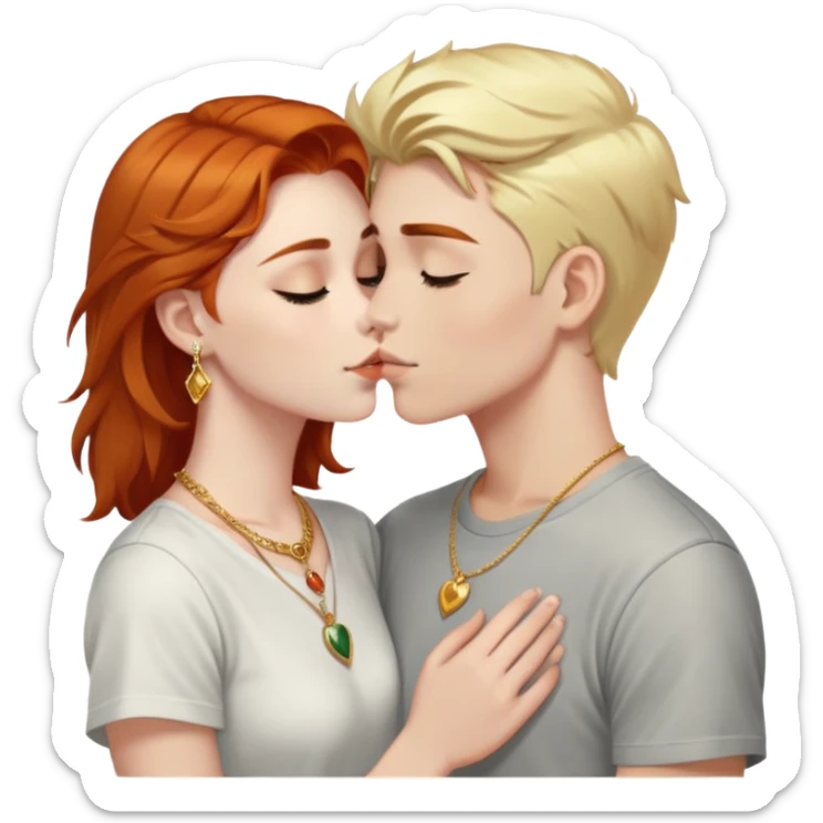 young 20 year old redhead girl with dark blonde eyebrows wearing gold jewelry and light clothes kissing a young 20 year old white-haired boy wearing dark t-shirt sticker