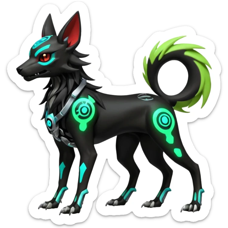Hyper realistic horned slim skeletal black and neon green futuristic shiny colorful bioluminescent cyberpunk-Cyborg-Poochyena-Lycanroc-Zorua-Litten-Houndoom-Fakémon-Pokémon-Digimon-hybrid-fusion (full body) with a skull face sticker