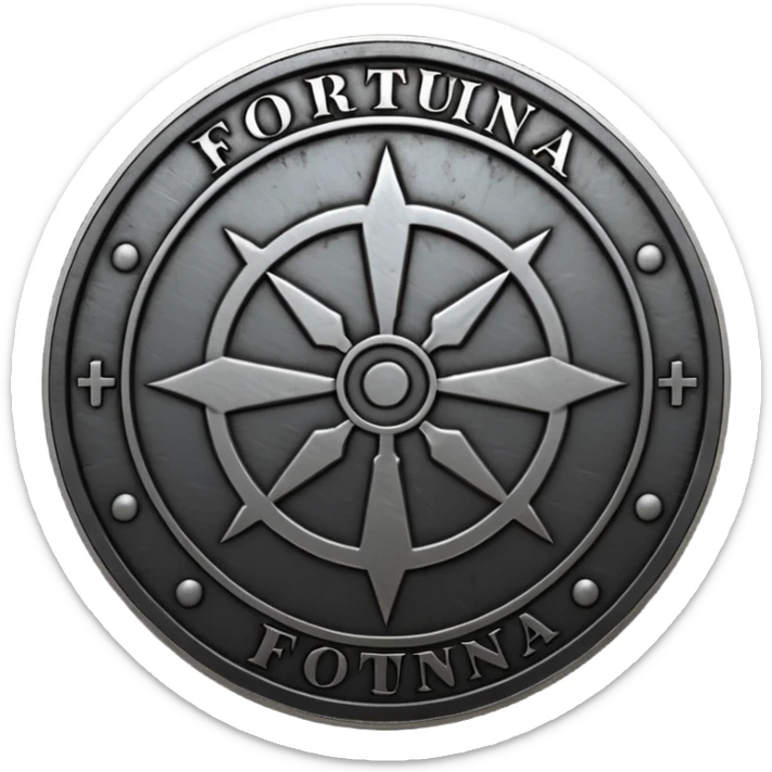 Minimal emoji, gothic metal coin made of black steel, engraved word FORTUNA at the center, ancient industrial aesthetic, worn metal texture, no glow, no neon, flat emoji design, centered, transparent background sticker