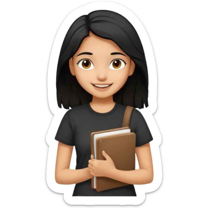 a pretty tan indian bratz girl with messy dark black hair, wearing a black tee carrying a sketchbook sticker