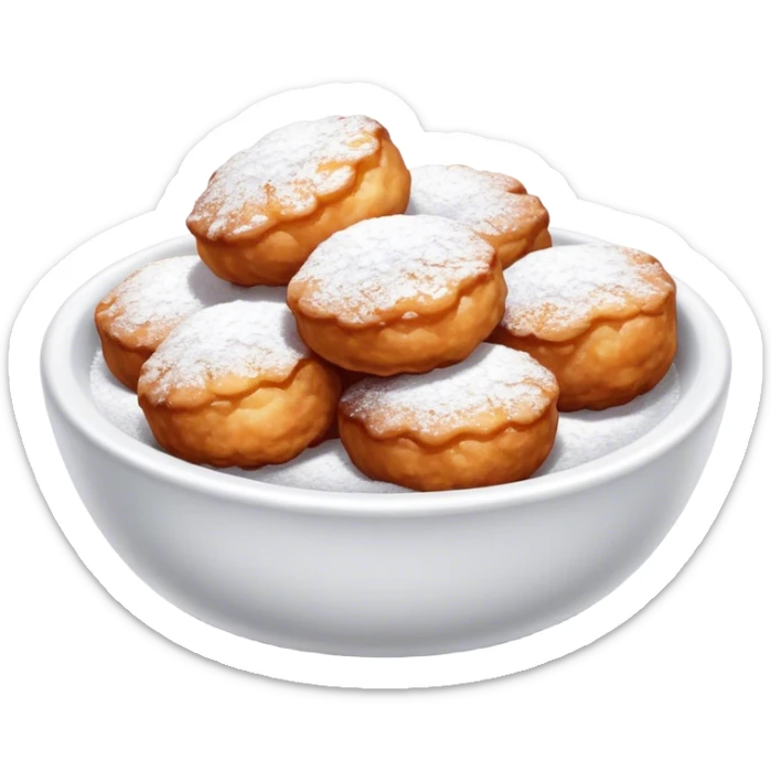 Buñuelo Cinematic Realistic Buñuelo Dessert Emoji, depicted as perfectly round, fluffy fritters served in a small bowl with a dusting of powdered sugar, rendered with vibrant textures and warm, inviting lighting. sticker