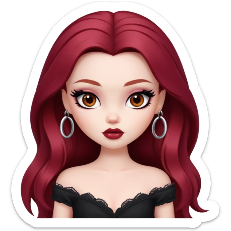  long dark red hair, pale skin, dark brown eyes, pretty bratz baddie, black eyeliner, blush sticker