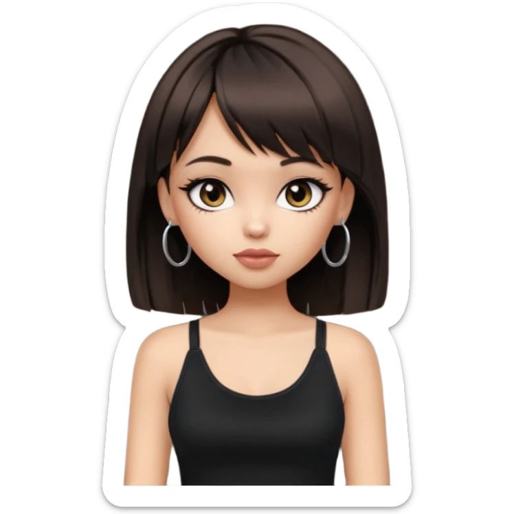 generate a pretty bratz girl in black cami top, dark brown straight bob hair with bangs, eyeliner on, listeninh to music sticker