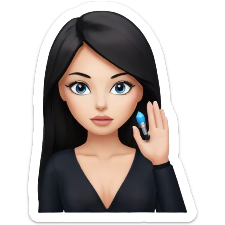 Glamours, tanned, beautiful, girl, with blue eyes, big pump peach-beige-rose lips, eyeliner, long lashes, black straight smooth silky long hair, parting hair in the middle,  in black v-neck bodysuit long sleeves sticker