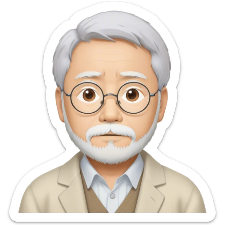 Cinematic Realistic Hayao Miyazaki Portrait Emoji, depicted as a visionary filmmaker with a gentle imaginative expression and artistic flair, rendered with delicate textures and soft enchanting lighting that captures his legendary storytelling. sticker