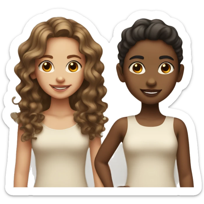 2 girls one that has light skin and small wavy hair and the other with brown skin and heat curled hair sticker