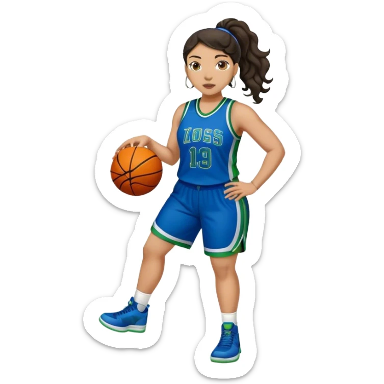 full body plus size light skin  latino women basketball player with wavy dark hair in pony tail wide nose wearing blue uniform with green accent sticker