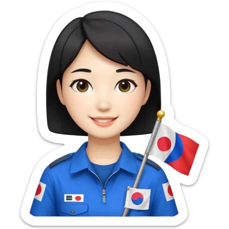 A big eye
A young Korean female guide with black short hair and a Korean flag sticker