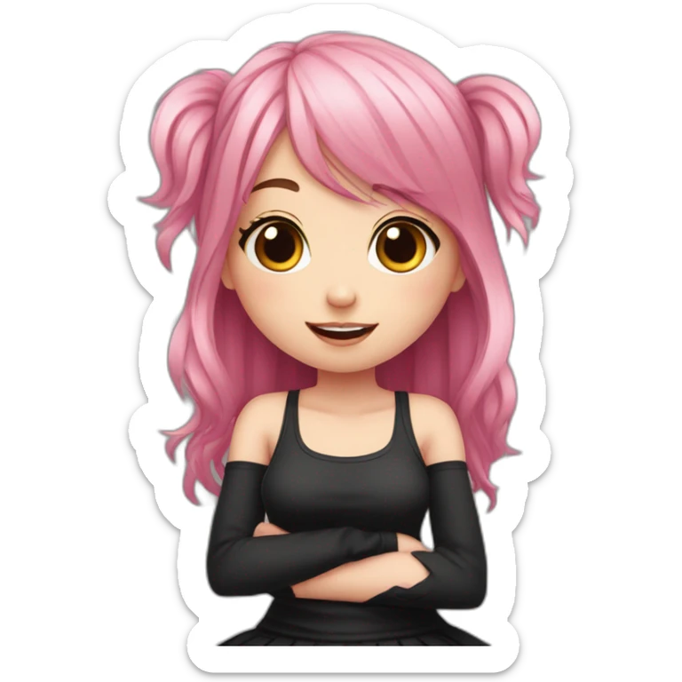 Full body Front view curvy emo girl pink hair sits on the floor straight view hands up black skirt полосатые рваные чулки sticker