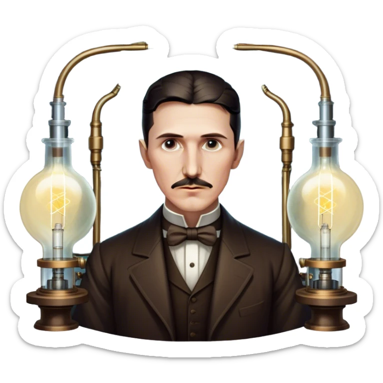 Nikola Tesla – Cinematic Realistic Portrait of Nikola Tesla, depicted as a visionary inventor with intense, thoughtful eyes and period attire, surrounded by subtle arcs of electric light and early laboratory apparatus, rendered with dramatic lighting that evokes mystery and innovation. sticker