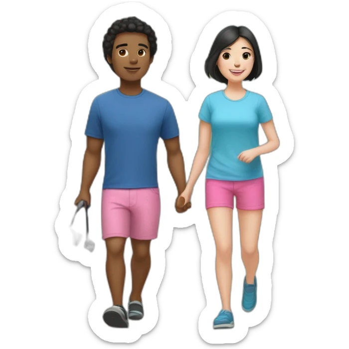 a 32-year-old man with pale skin and black hair, wearing flip-flops, pink shorts and a blue over-sidez t-shirt, going for a walk with a female 9-year-old Bichón Frisé dog. sticker