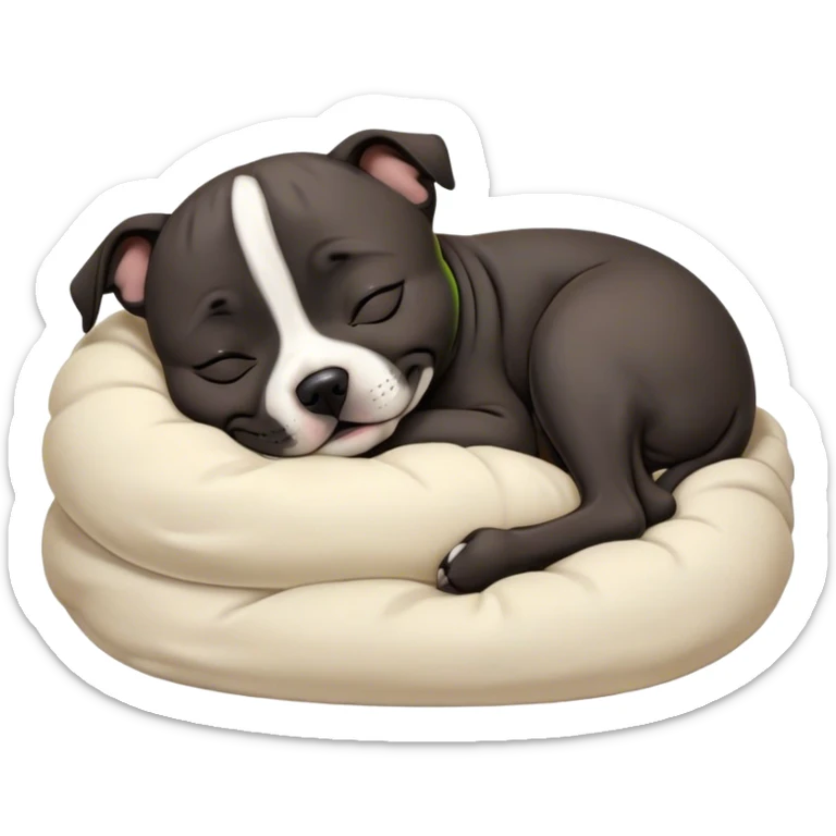 Meme-Worthy Cute Sleeping Black/Brindle Staffordshire Bull Terrier Portrait Emoji, Head resting peacefully with a contented smile, showcasing a delightfully compact build and a luxuriously soft Fur with an attractive black and brindle blend, eyes shut in a serene nap, Simplified yet hilariously adorable features, highly detailed, glowing with a soft, drowsy light, high shine, relaxed and utterly lovable, stylized with an air of playful laziness, bright and heartwarming, soft glowing outline, capturing the essence of a comically sleepy guardian, so meme-worthy it feels like it could instantly become the next viral sensation of adorable slumber! sticker