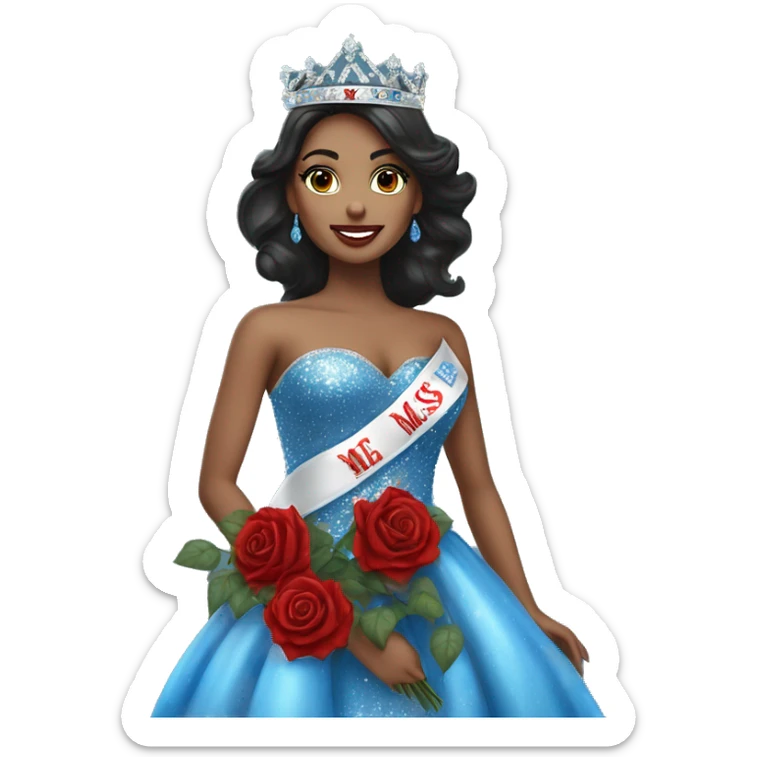 Beauty queen with dark hair, wearing a “Miss Massachusetts” sash and wearing a crown and blue sparkly dress holding red roses sticker