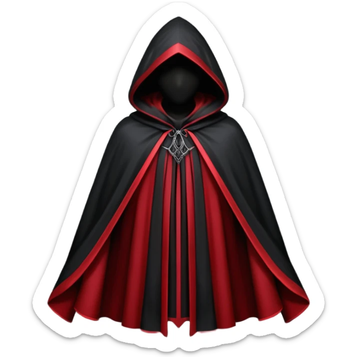 gothic hooded cloak object icon, black and crimson accents, mysterious fantasy cloak, elegant folds, 3D cartoon, mobile game icon style, centered, clean background, no text, no watermark
 
 sticker