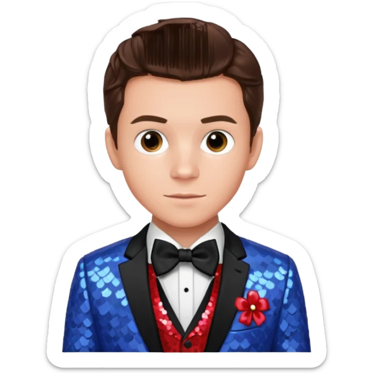 Tom Holland with brown hair, red shirt, periwinkle sequin suit jacket with bow tie sticker