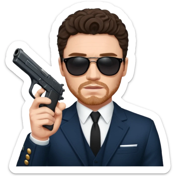Richard Madden as his character in the Bodyguard TV series, with sunglasses on and a gun in his hand. sticker