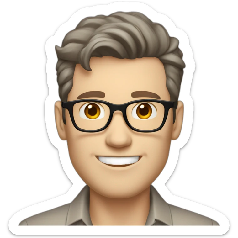 Joyful Pale skinned Fit Man With dark brown hair in gray jacket, beige office shirt, Brown pants and vintage glasses. His thrumbs up sticker