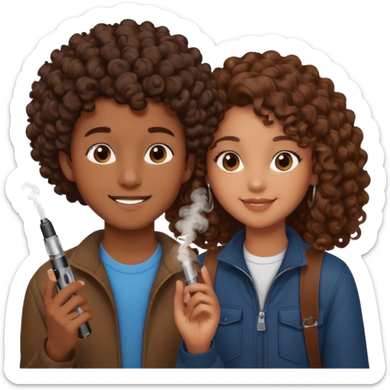 adolescent boy with brown skin holding a brown vape, next to a mixed-race girl with voluminous brown curls, both smiling at each other, romantic vibe sticker