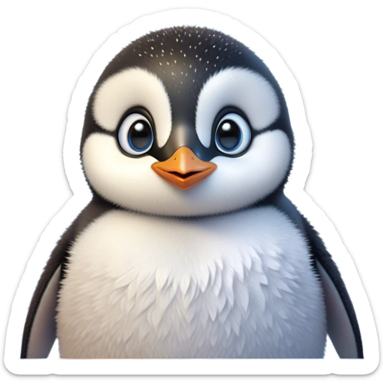 Cinematic Cute Baby Penguin Portrait Emoji, Head tilted playfully and inquisitively, with irresistibly fluffy plumage accented by a tiny beak and round, sparkling eyes filled with wonder, Simplified yet irresistibly adorable features, highly detailed, glowing with a warm, friendly polar glow, high shine, affectionate and lively, stylized with a touch of whimsical charm, bright and endearing, soft glowing outline, capturing the essence of a mischievous yet loving penguin that feels like it could slide out of the screen into your arms! sticker