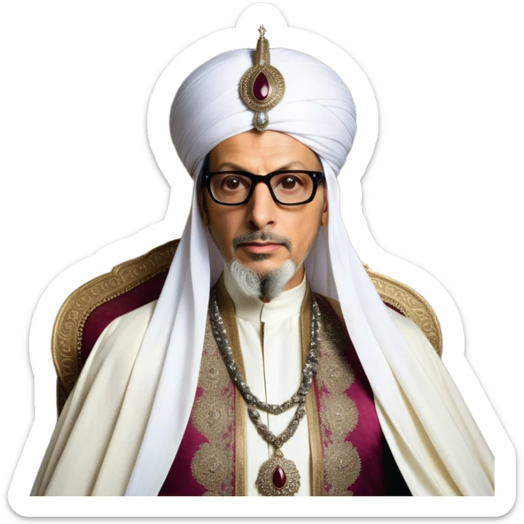Jeff Goldblum no glasses as a regal portrait dressed as _cinematic-realistic-portrait-of-suleiman-the-magnificent,-depicted-as-a-regal-ottoman-sultan-adorned-with-a-large,-white,-round,-tall-turban-and-a-majestic-grey-beard,-his-commanding-gaze-bathed-in-warm,-historic-lighting-that-exudes-timel sticker
