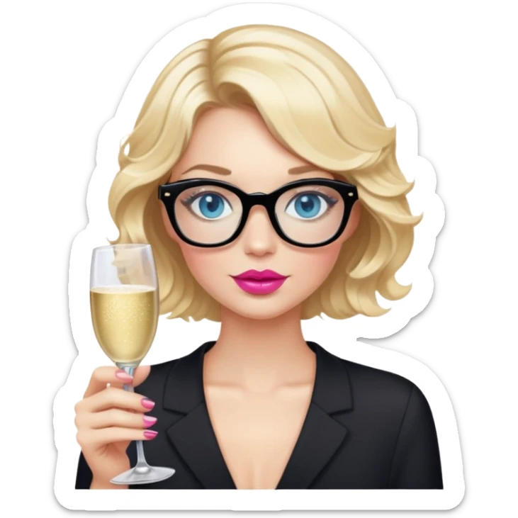 Blonde woman with short wavy hair, blue eyes nearly closed and pink lips wearing black glasses. holding a champagne glass  sticker