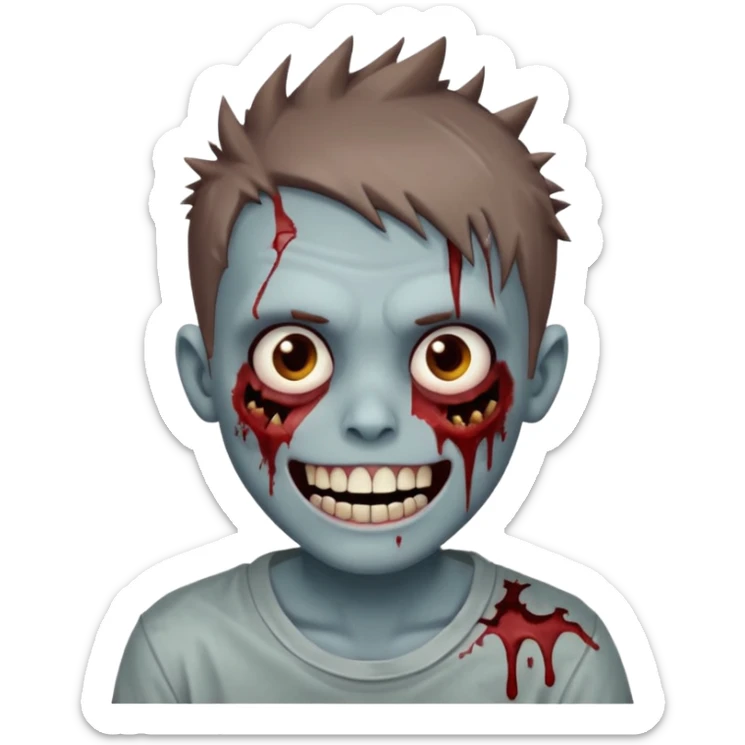 zombie boy with brown short spiky hair, white skin, and white eyes; an open smile, and bloodied teeth; sticker