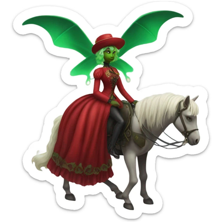 "galora green blonde alien woman" in red Victorian dress elegant, full body, on pegaso sticker