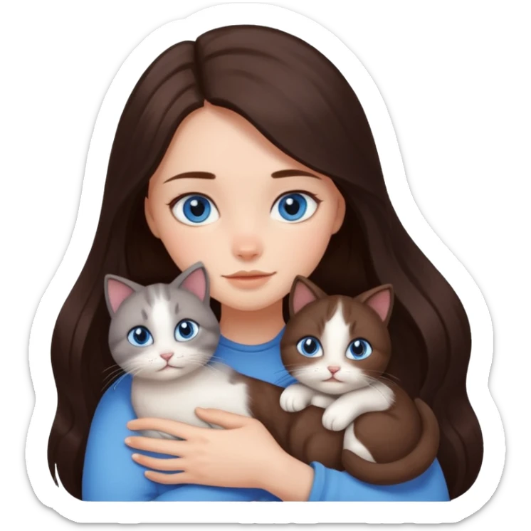 a pretty girl with long dark 
brown hair, with blue eyes, hugs 3 different natural coloured small cats sticker