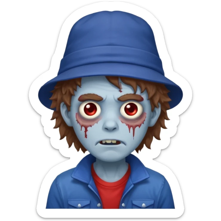brown fluffy hair zombie with blue and white hat dark blue jilet red t shirt sticker