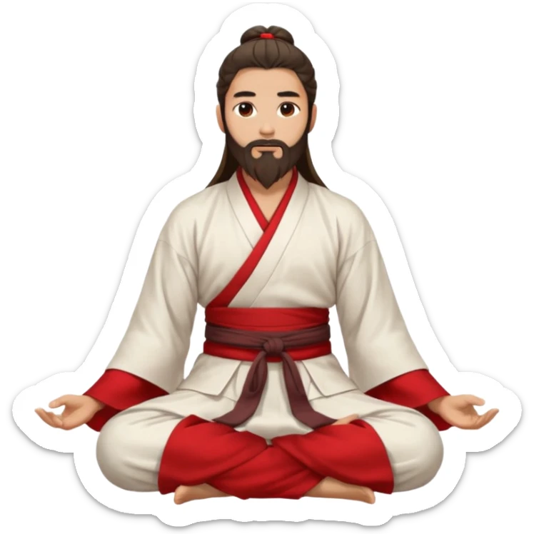 Beautiful man with lightly tan skin and dark long beard, long hair in bun, in white and red Hanfu sitting on the ground sticker