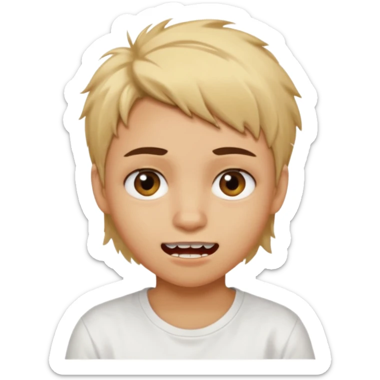caramel skin color. Teen age. Short buzz, messy blonde hair, dark brown bushy eyebrows large expressive golden-brown eyes, brown skin color, scar over nose, wearing a plain white t-shirt. Mouth expression showing teeth sticker