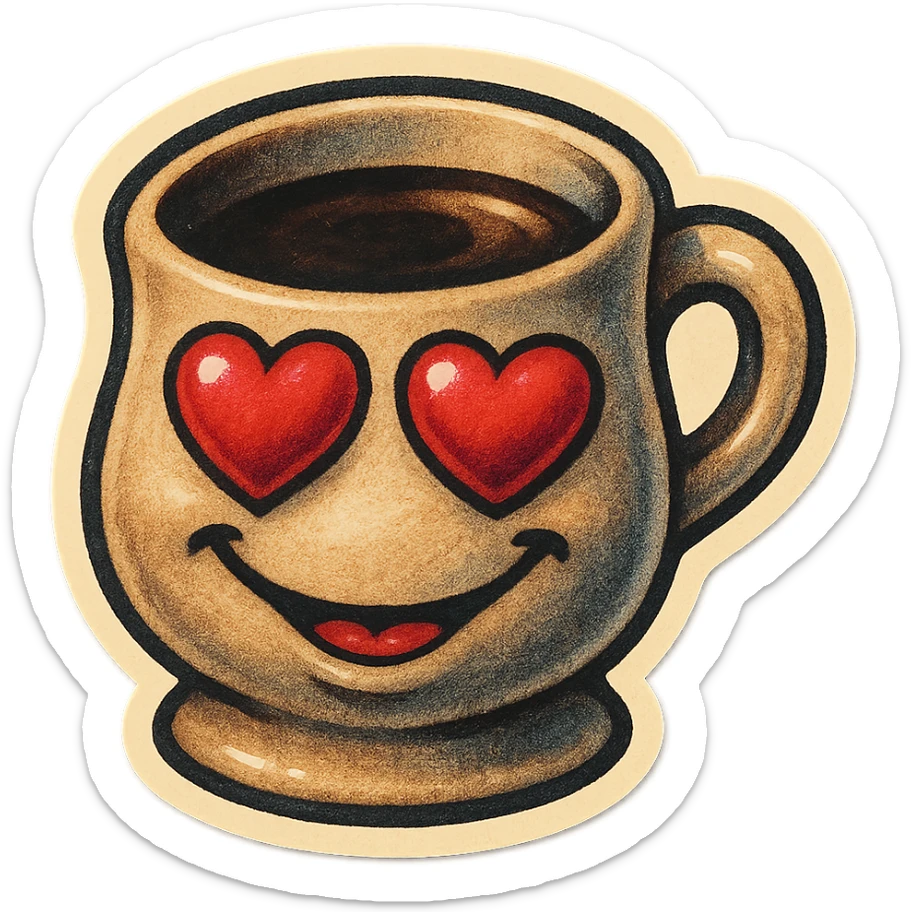 Ink wash style, coffee cup creature, big heart eyes, dopey smile sticker