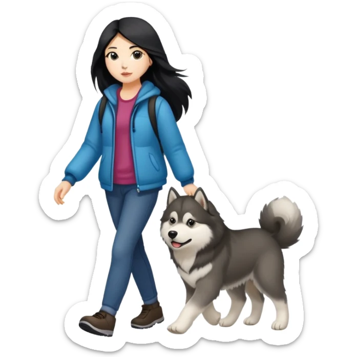 A girl with long black hair walking a small Alaskan Malamute  sticker