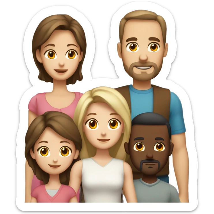 Family, brown haired mother, dad with dark receding hair, blonde daughter, brunette older brother with short beard and older sister with light brown hair sticker