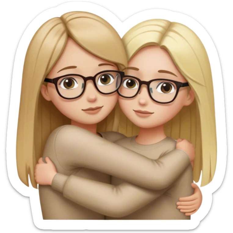 Girl with short straight brown hair hugging a girl with long blonde hair. Both wears eyeglasses sticker