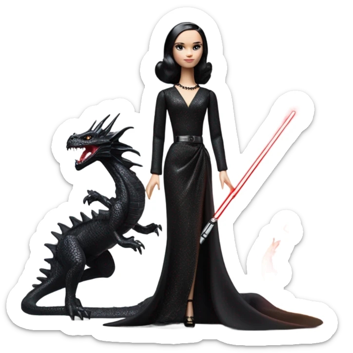 evening dressed, Wednesday Addams Barbie Jedi riding on the back of a very large black shiny evil-looking fire-spewing horned dragon sticker
