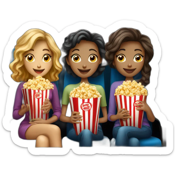 three beautiful ladies watching movie at the cinema eating popcorn, dark background sticker