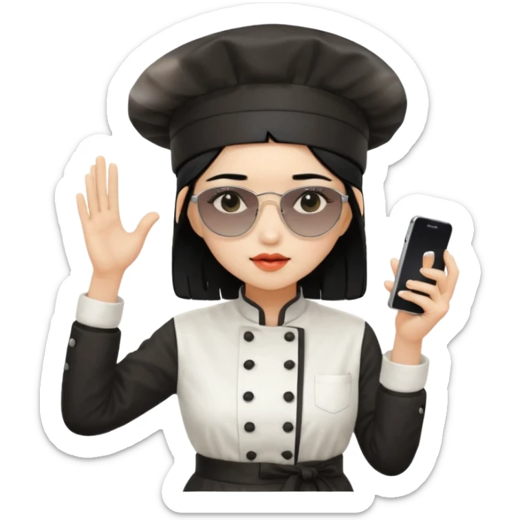 ["A sad woman with light skin, straight hair, wearing a chef hat and sunglasses, dressed in K-pop fashion, is dancing while holding a phone."] sticker