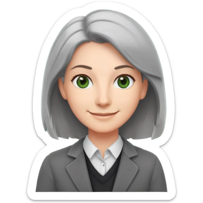 smiling English teacher with airtouch hair and grey-green eyes standing in front of a classroom with chalkboard sticker