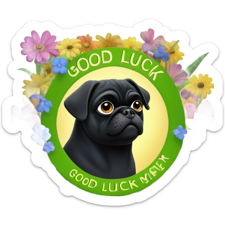 Black pug , surrounded by flowers, holding a green sign that says “good luck”  sticker