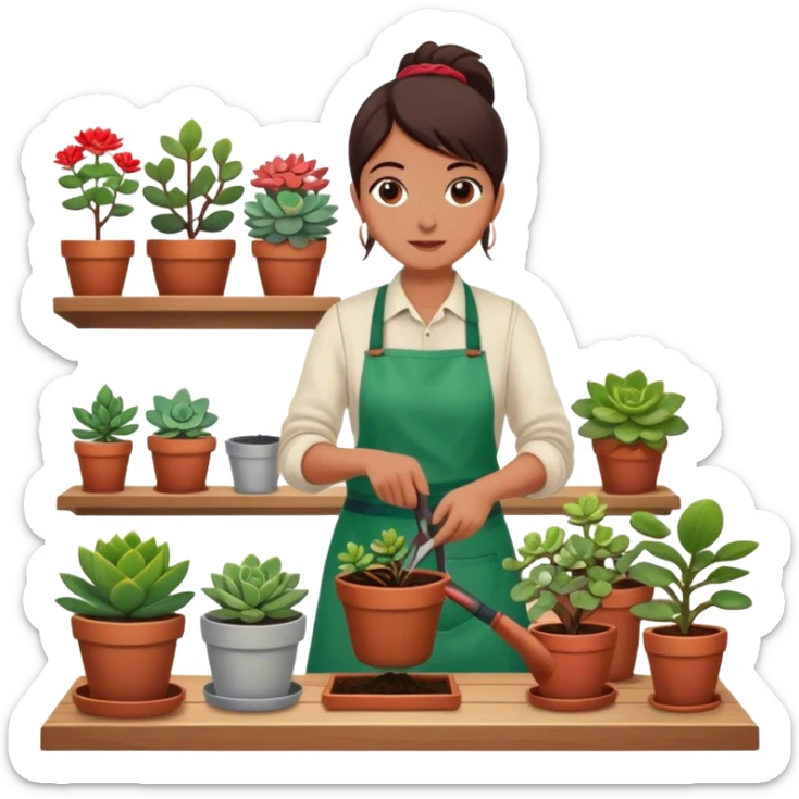 Close-up of a person planting a sapling in a pot. Around, potted plants and succulents with vibrant leaves and flowers. Sunlight filters through the window, casting soft shadows. Cozy indoor space with gardening tools on a wooden table. sticker