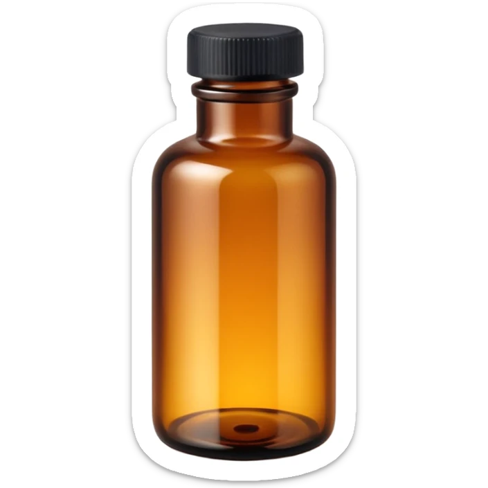 small cylindrical amber glass bottle with narrow neck and tightly sealed black or white screw cap, translucent with subtle glow, apothecary style, no label or extras, soft lighting, subtle shadows, emoji scale sticker