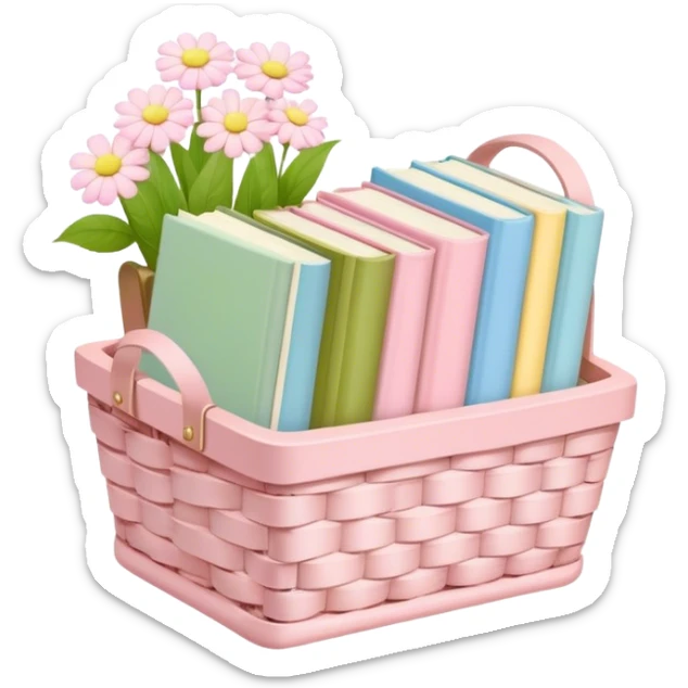 Pastel pink pastel yellow pastel blue and matcha colored books in a basket with flowers sticker