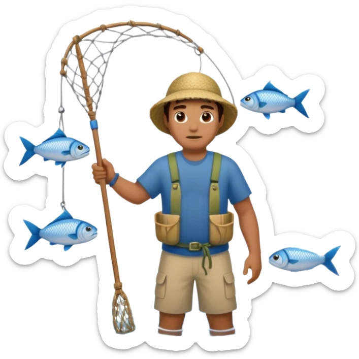 A Polynesian fisherman standing in the water with a net full of fish. The fisherman has empty hands and is standing in the water. sticker