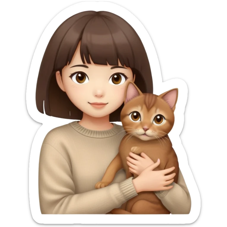 Cute East Asian girl, fair skin, big brown eyes, straight bangs, inward brown bob. Wearing a soft beige knit sweater, holding a fluffy Abyssinian cat in arms, gentle smile sticker
