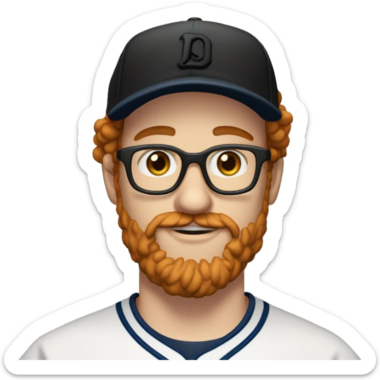 30 years old, male, short curly red hair, glasses, black baseball hat, blue eyes, pale complexion, thick beard and thin mustache sticker
