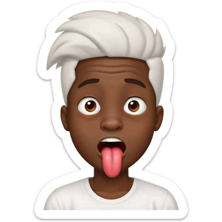 A black boy with Freeform’s with a white shirt on with his tounge out and his face making a funny face with a big nose sticker