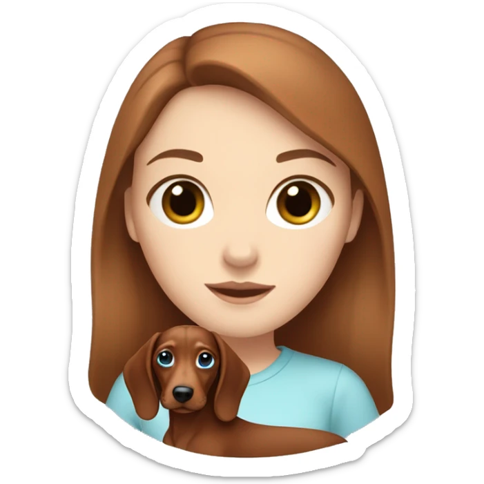 White girl with brown hair and blue eyes holding a red dachshund  sticker